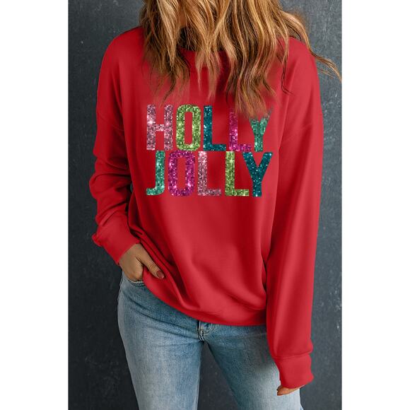 Red HOLLY JOLLY Printing Christmas Pullover Sweatshirt - Picture 3 of 8